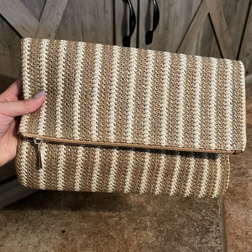 Street Level Bohemia Straw Foldover Chain Clutch Crossbody
